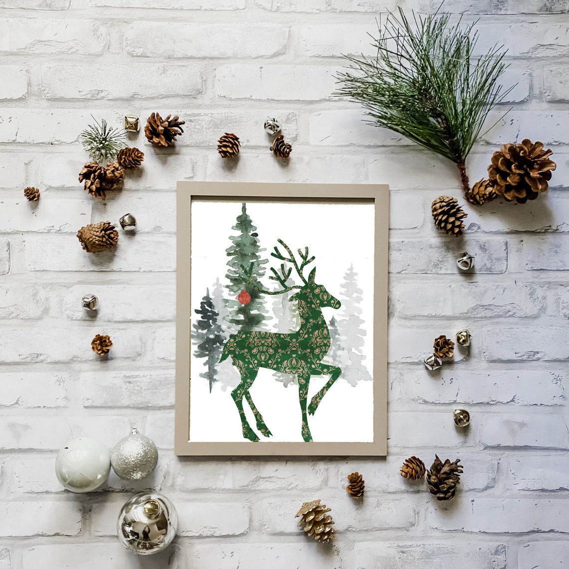 Emerald Green Damask Deer With Winter Pine Forest Holiday Poster - Image 4
