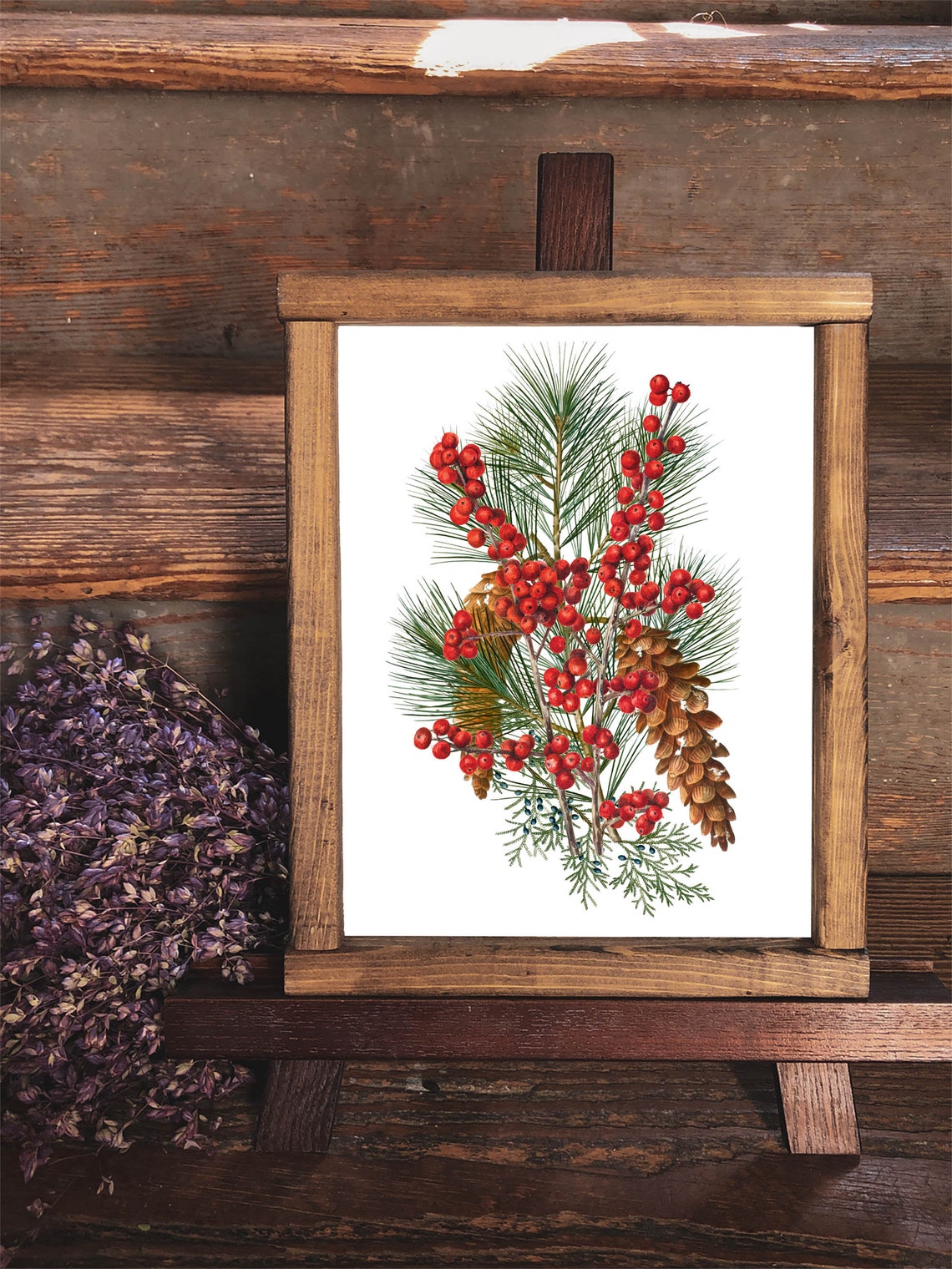 Christmas Pine and Red Berry Watercolor Botanical Holiday Poster