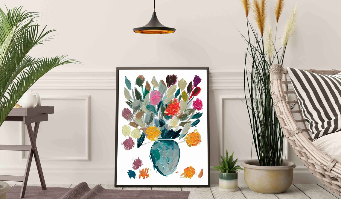 Flowers 2 Oil Painting Style Brush Stroke Print Large Bunch Of Colourful Flowers In A Vase Abstract Living Room Art