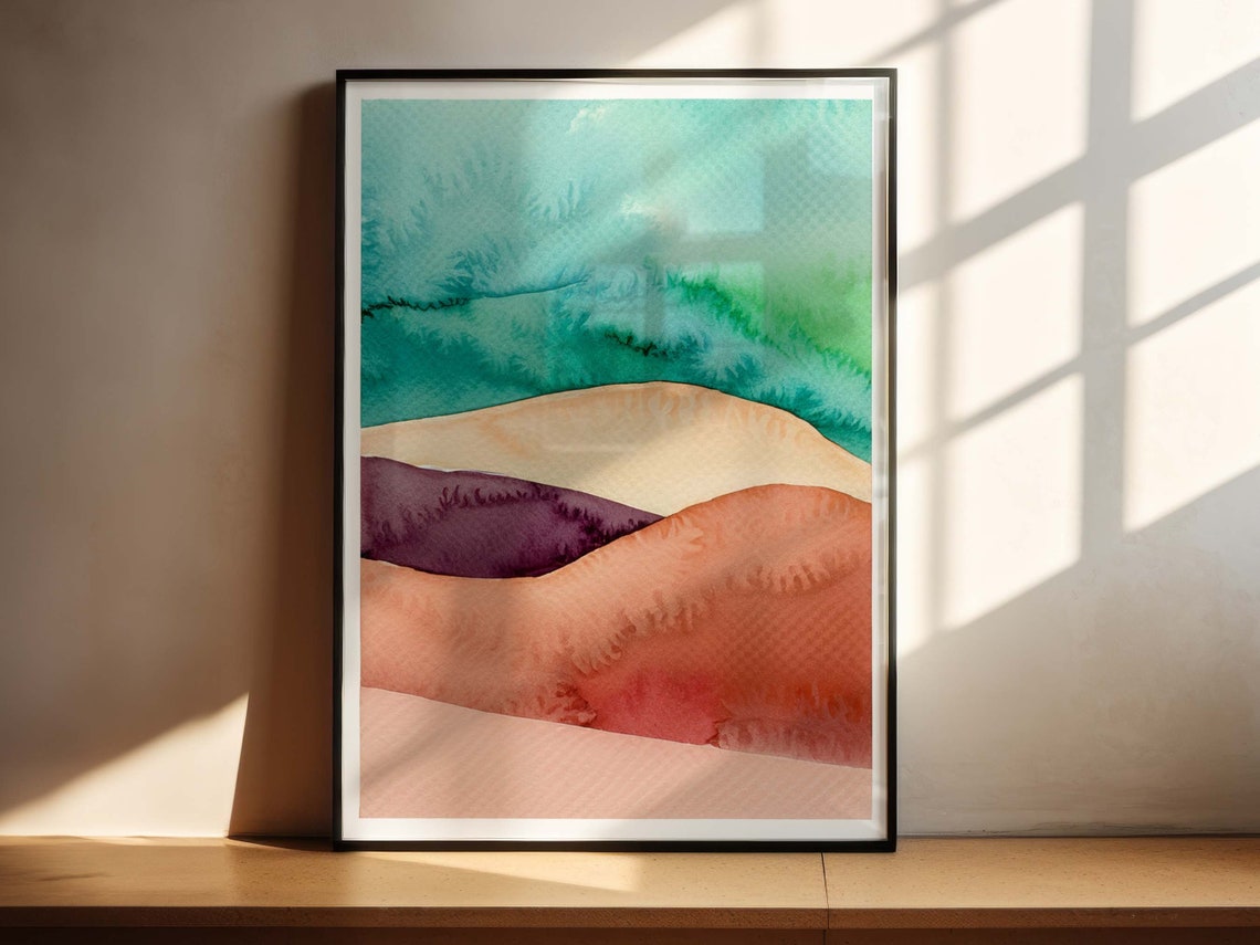 Abstract Beach Dunes Watercolor Teal Peach Soft Coastal Art Poster