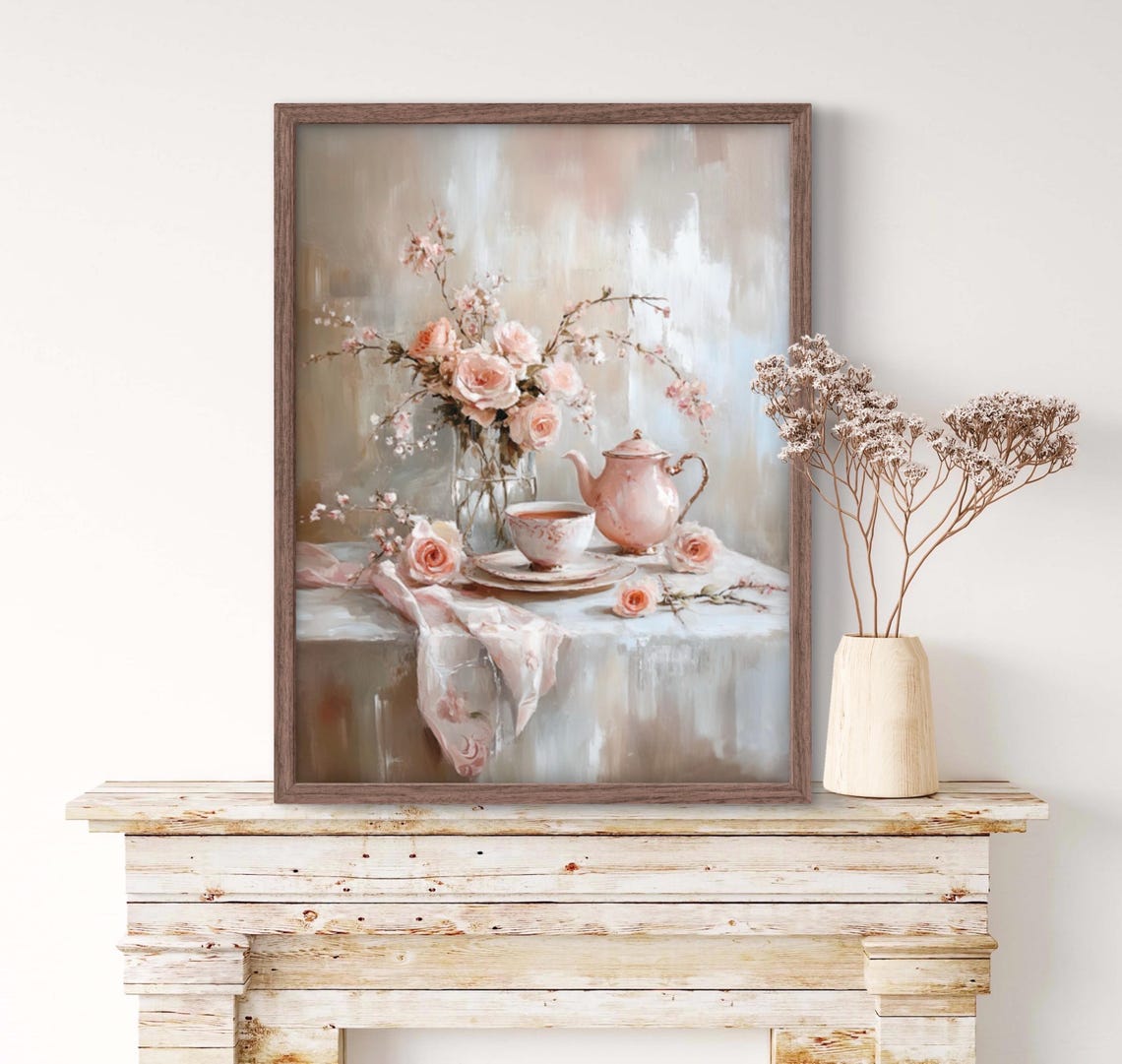 Pink Tea Time Still Life Teapot Teacup Roses Cottagecore Floral Poster - Image 2