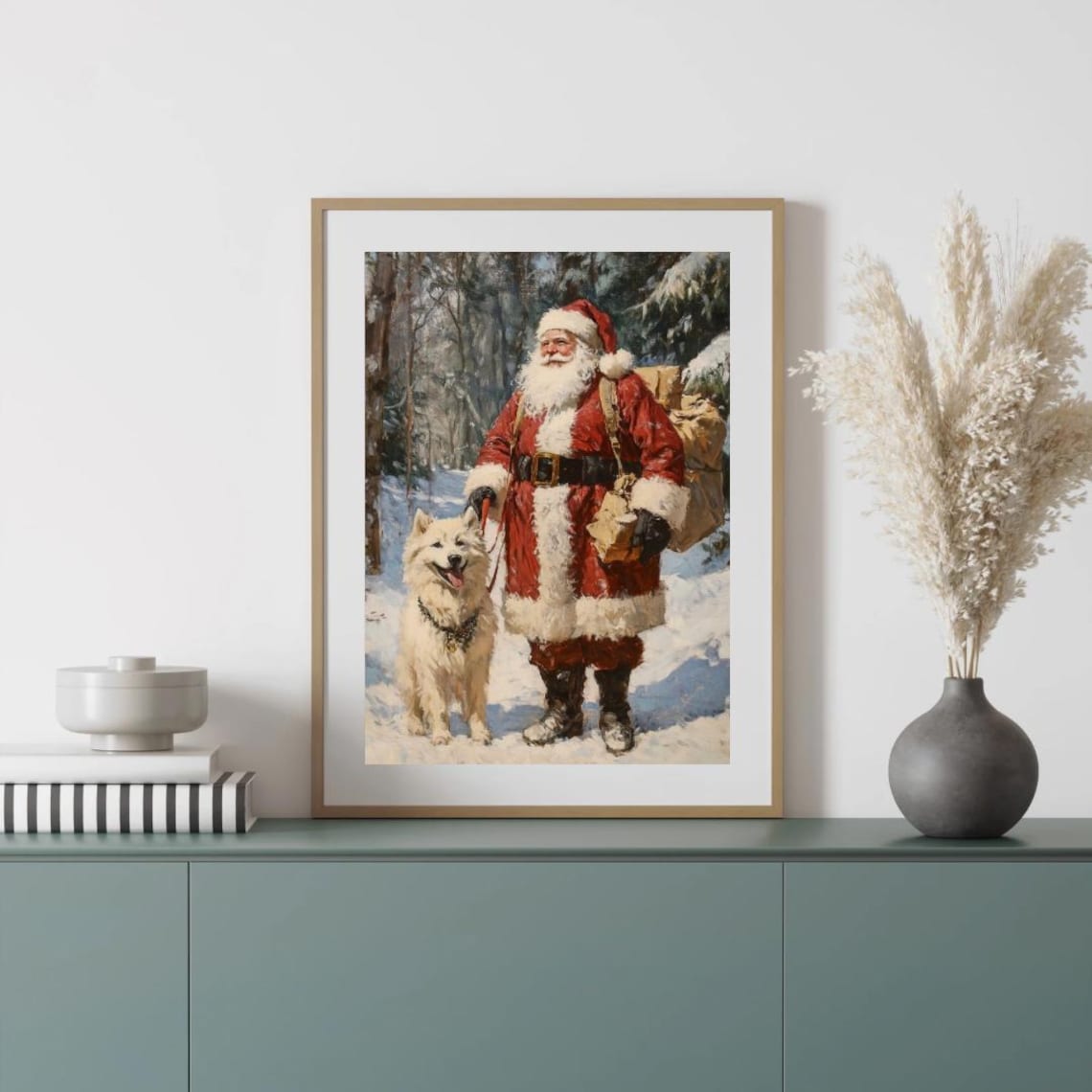 Santa Samoyed Dog in Winter Forest Art Print - Image 2