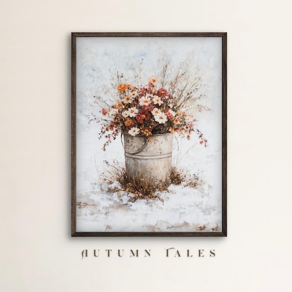 Winter Wildflowers Galvanized Bucket Snowy Floral Art Poster
