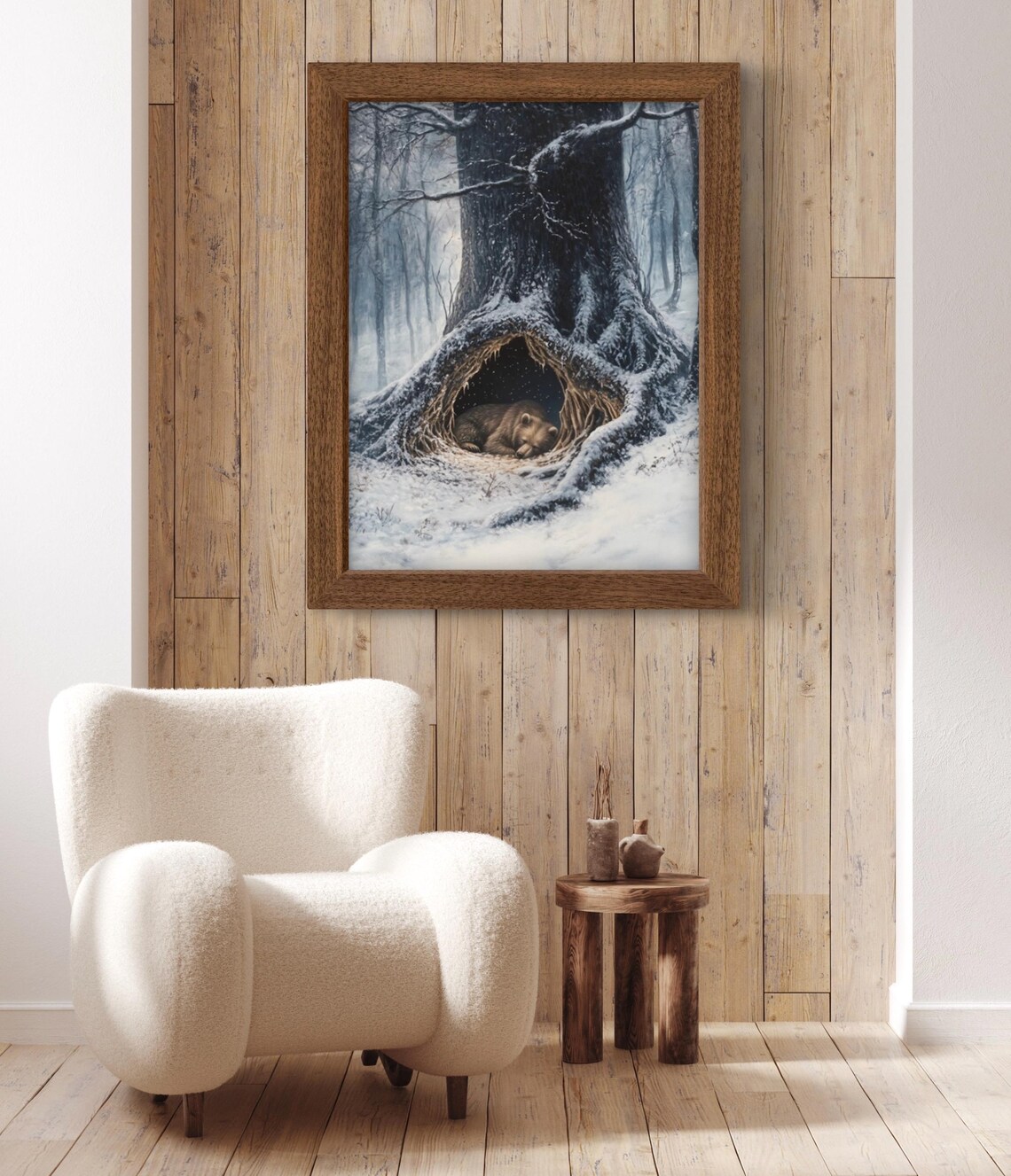 Sleeping Bear Resting Under Snowy Tree Roots Winter Forest Wall Art Poster - Image 2