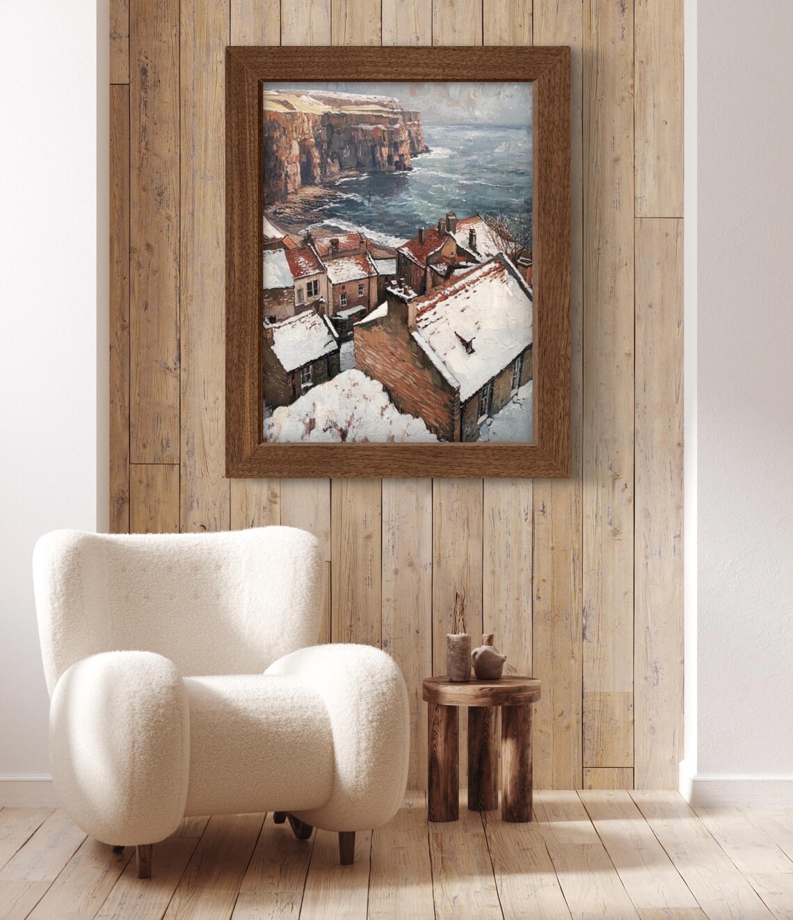 Snowy English Coastal Fishing Village Cliff Cottages Winter Seaside Poster - Image 2