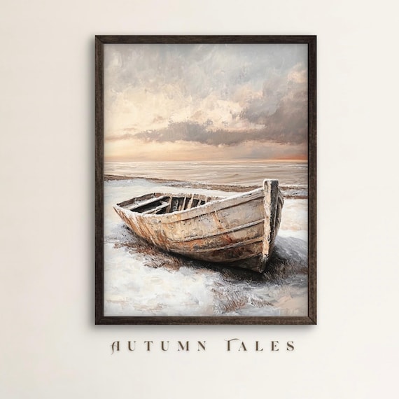 Weathered Wooden Rowboat On Snowy Beach Winter Sunset Seascape Poster