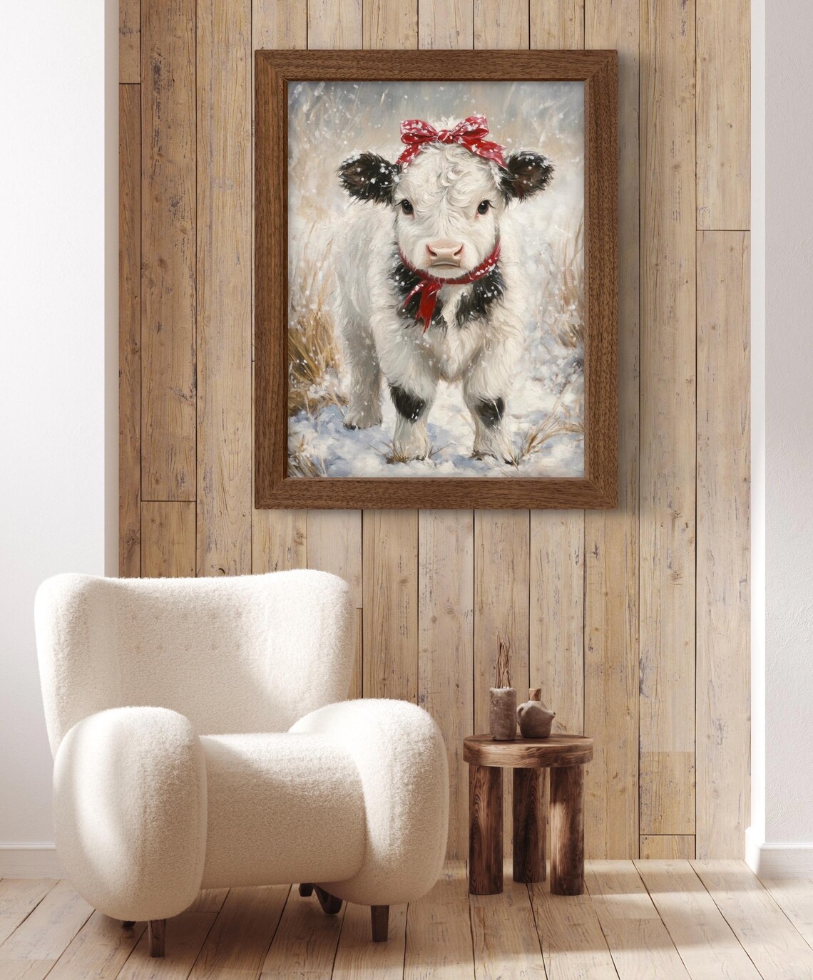 Cute Highland Calf in Snow With Red Bow Art Print - Image 4