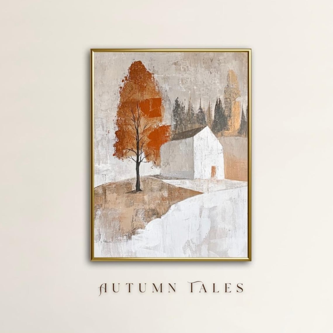 Autumn Tales Minimalist White Barn Orange Tree Rustic Fall Scene Poster