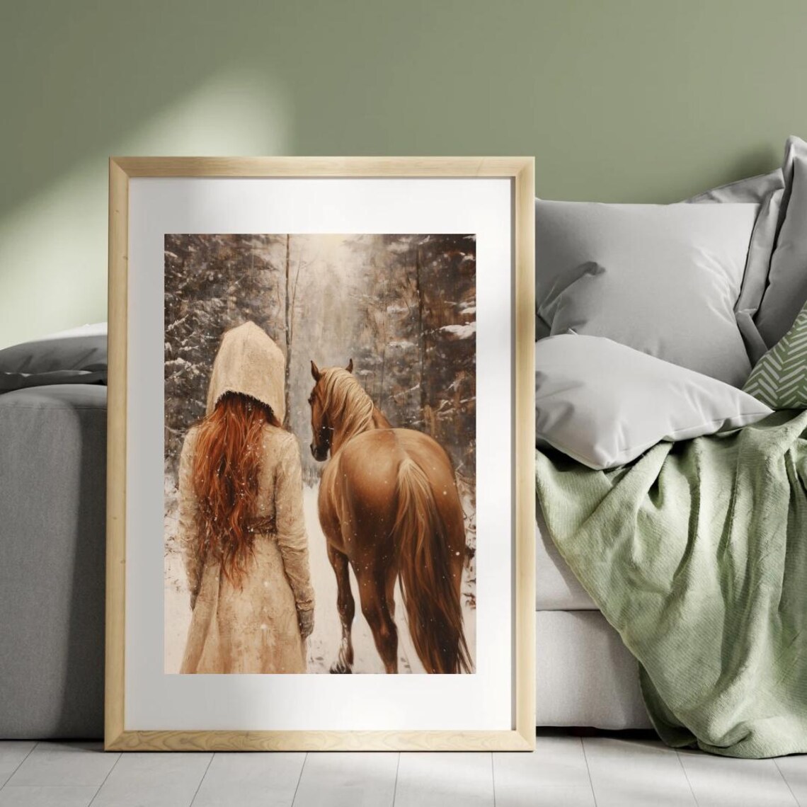 Red Haired Girl With Chestnut Horse In Snowy Forest Winter Art Painting Poster - Image 3