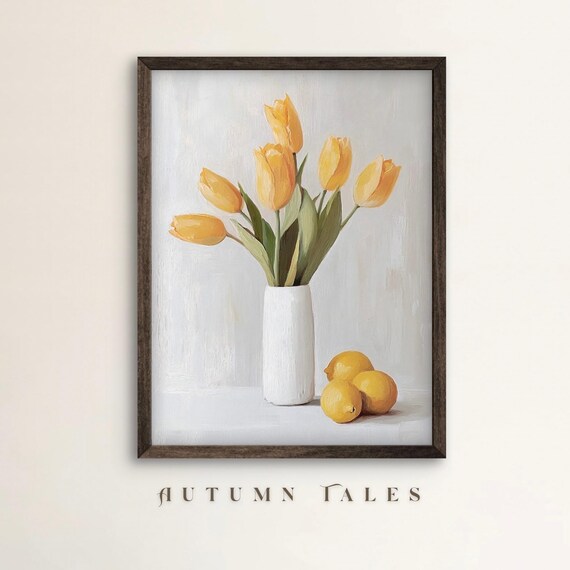 Yellow Tulips White Vase Lemons Oil Painting Autumn Tales Poster