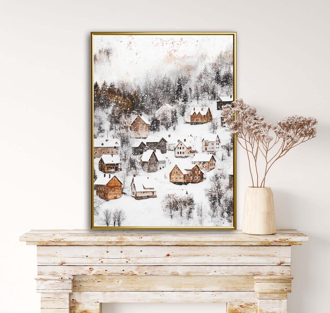 Winter Cottagrcore Wall Art Print Of A Mountain Landscape Moody Farmhouse Decor Of Tiny Home In Snow Covered Village In Christmas - Image 2