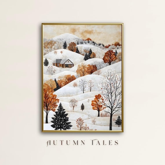Folk Art Snowy Hillside Farmhouse In Winter Landscape Art Print
