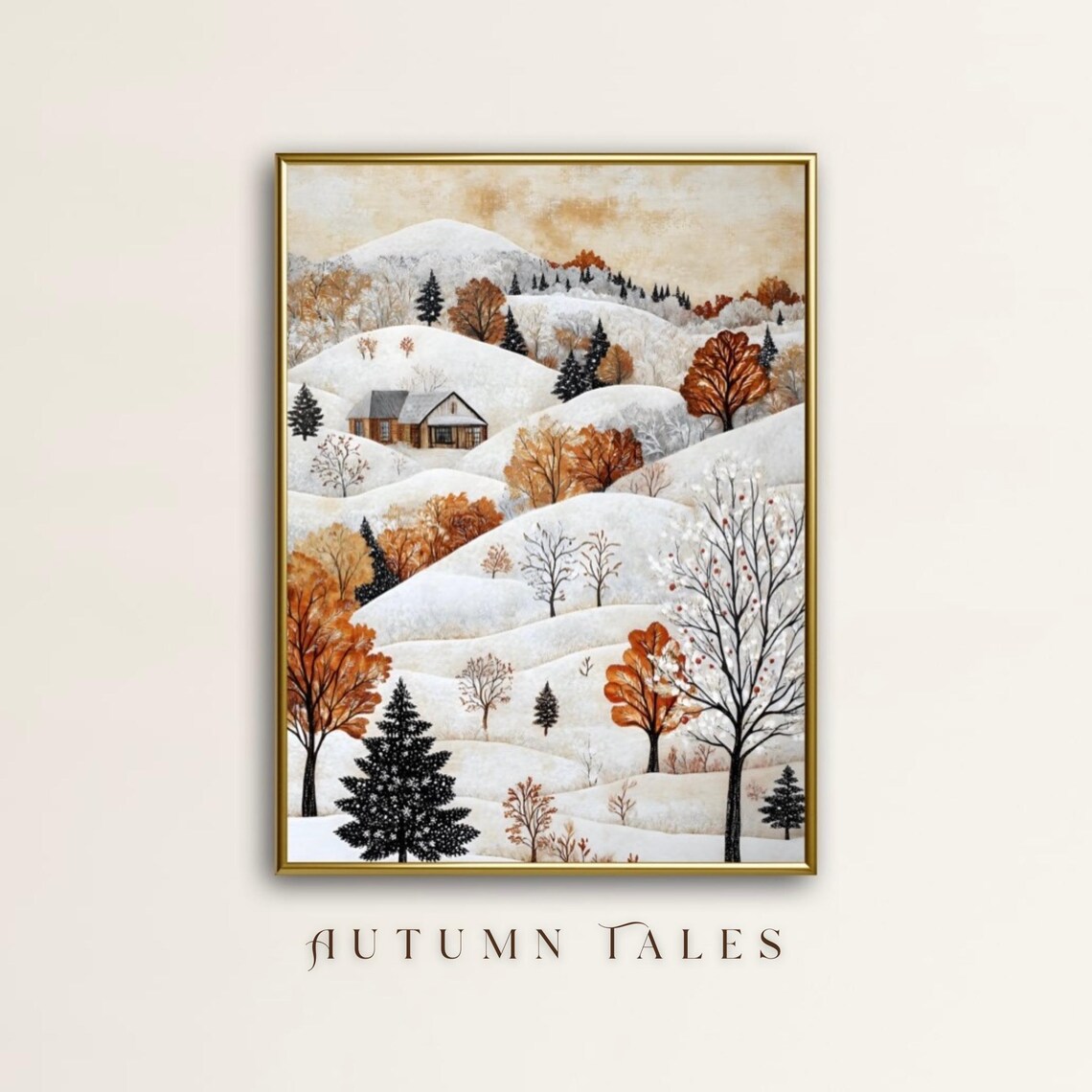 Folk Art Snowy Hillside Farmhouse In Winter Landscape Art Print