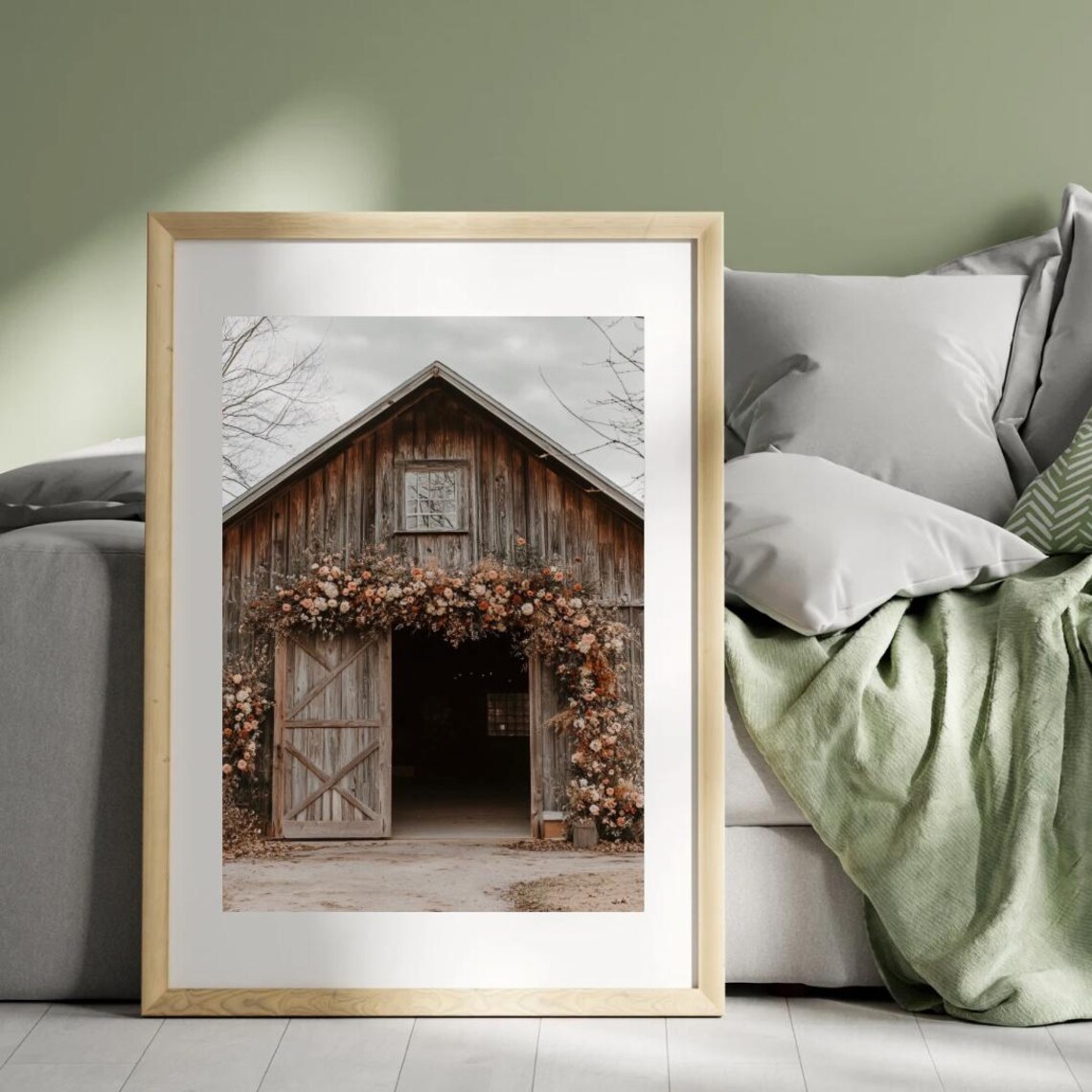 Rustic Wooden Barn with Floral Arch Over Doors Vintage Farmhouse Wall Art Poster - Image 4