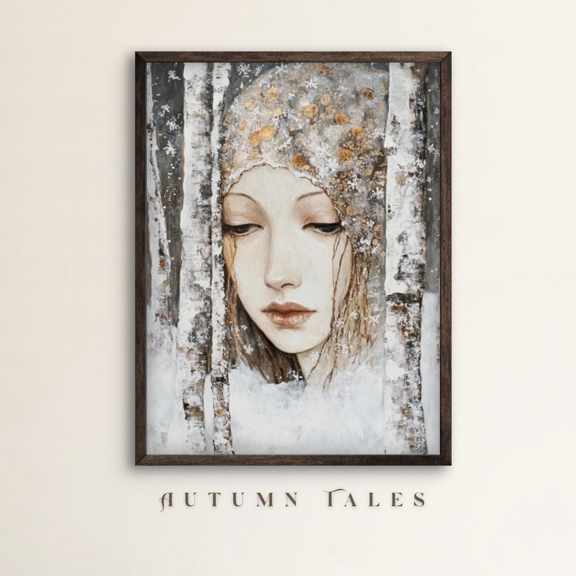 Winter Woman Portrait Emerging from Snowy Birch Forest Klimt Inspired Wall Art