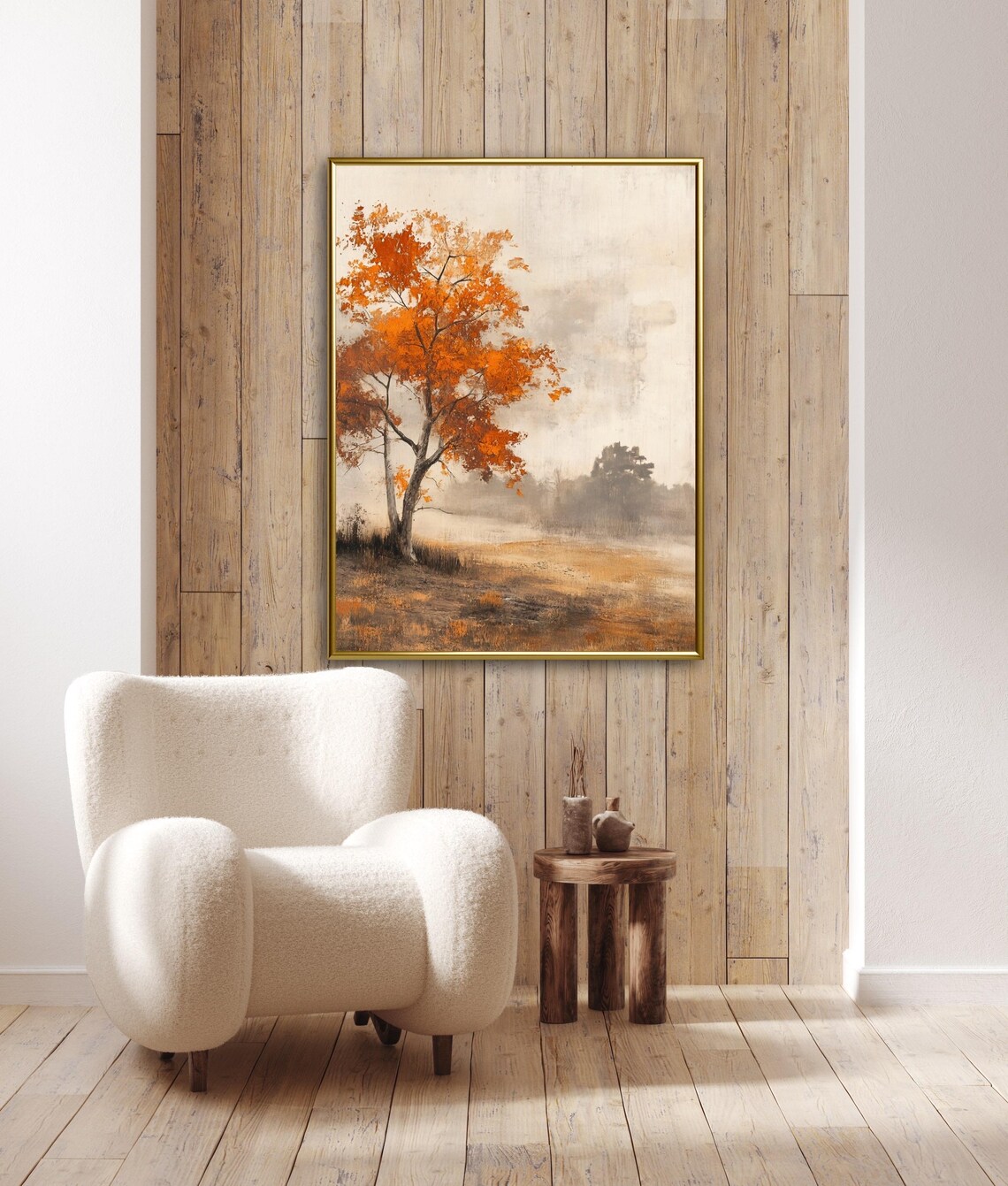 Autumn Tales Lone Orange Tree Misty Countryside Vintage Landscape Art Print - Image 3