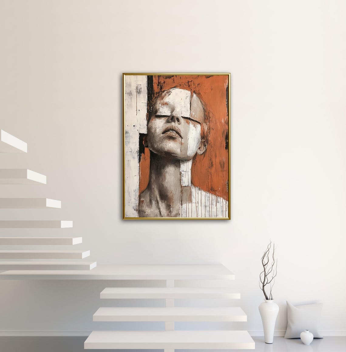 Modern People Art Woman Abstract Portrait Wall Art Print Rustic White And Burnt Orange Minimalist Home Decor - Image 3