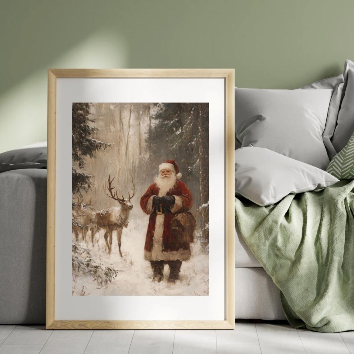 Christmas Santa Claus With Reindeer, Vintage Print
