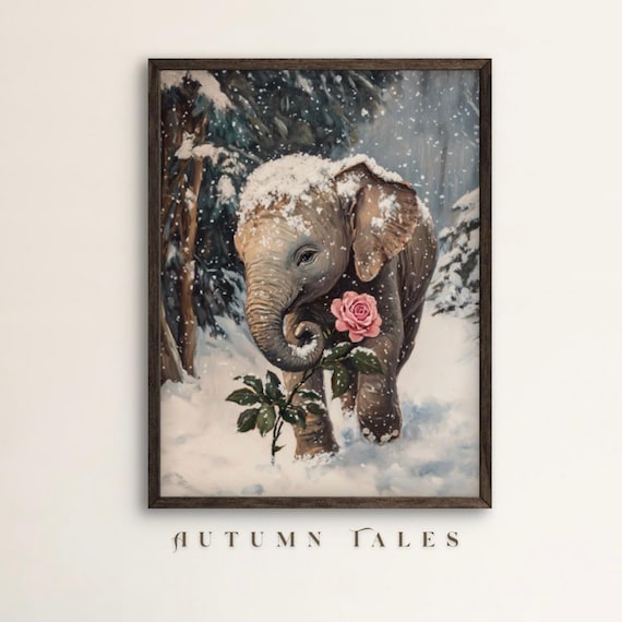 Cute Baby Elephant in Snow Holding Pink Rose Winter Animal Wall Art Poster