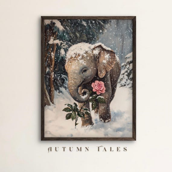 Cute Baby Elephant In Snow With Pink Rose Wall Art Print Snowy Forest Wildlife Animal Winter Spring Seasonal