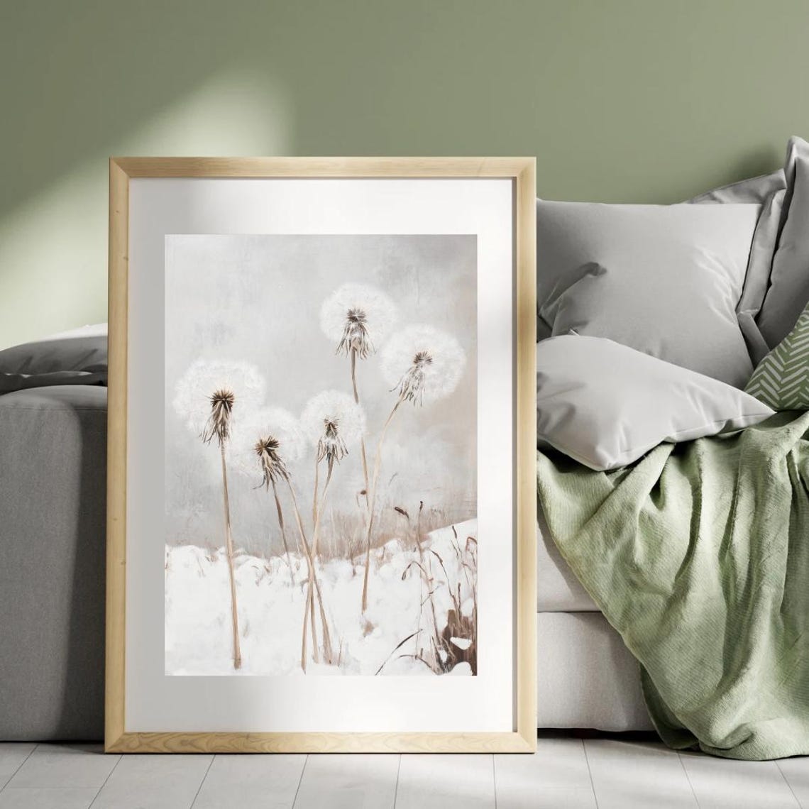 White Dandelions Snowy Winter Seed Heads Minimalist Art Poster - Image 3