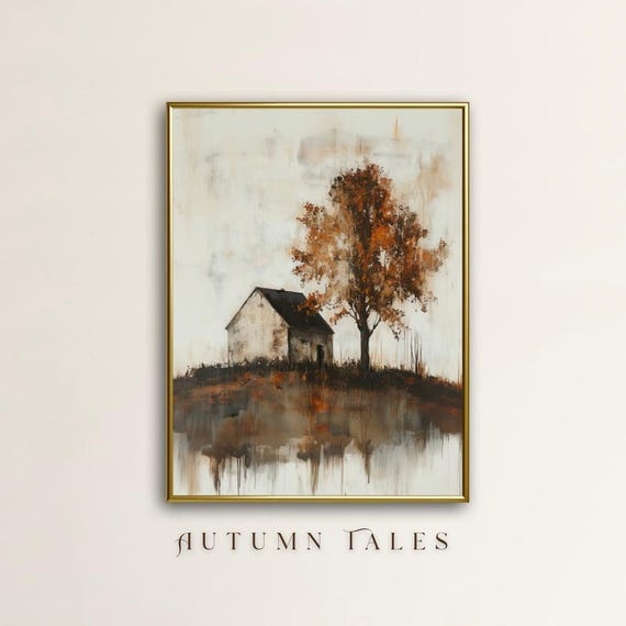 Rustic Moody Barn Fall Wall Art Minimalist Landscape Autumn Antique Farmhouse Decor Vintage Countryside Oil Painting Muted Tone