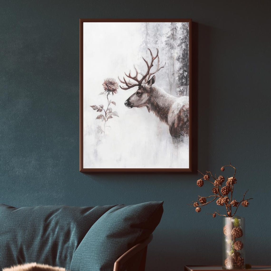 Winter Deer Rose Moody Snow Forest Rustic Christmas Poster Decor - Image 3