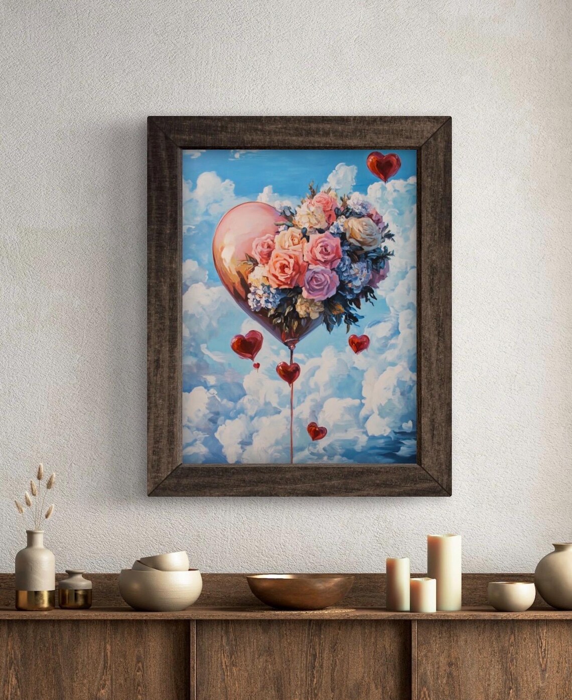 Floral Heart Hot Air Balloon Cloudy Blue Sky Romantic Art Poster - Image 4