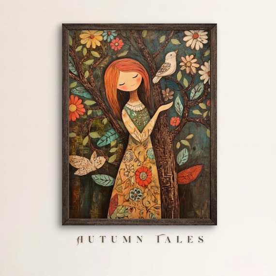 Red Haired Girl by Blooming Tree with Bird Whimsical Folk Art Wall Art Poster