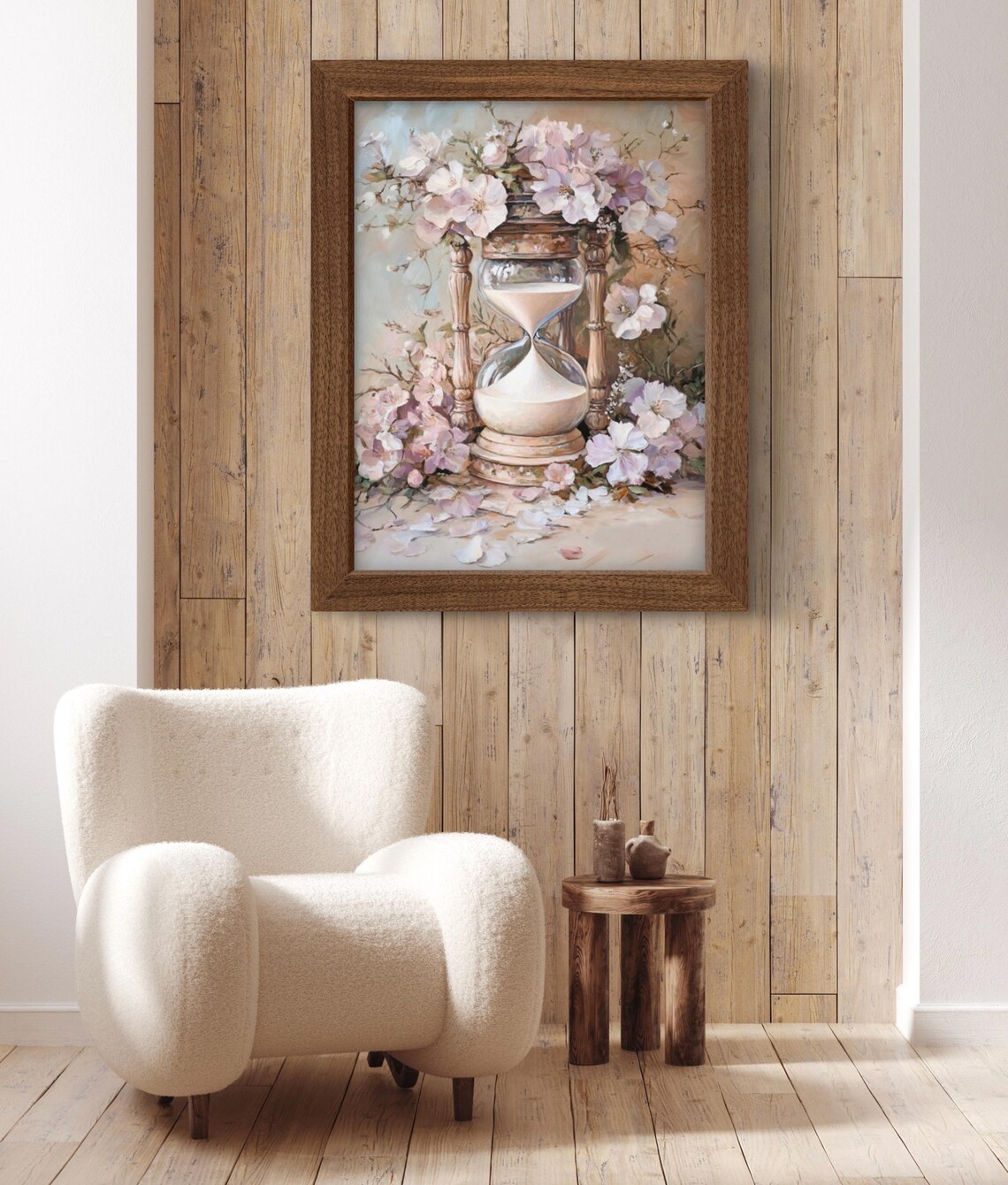 Vintage Hourglass Surrounded by Pink Cherry Blossoms Romantic Wall Art Print - Image 3