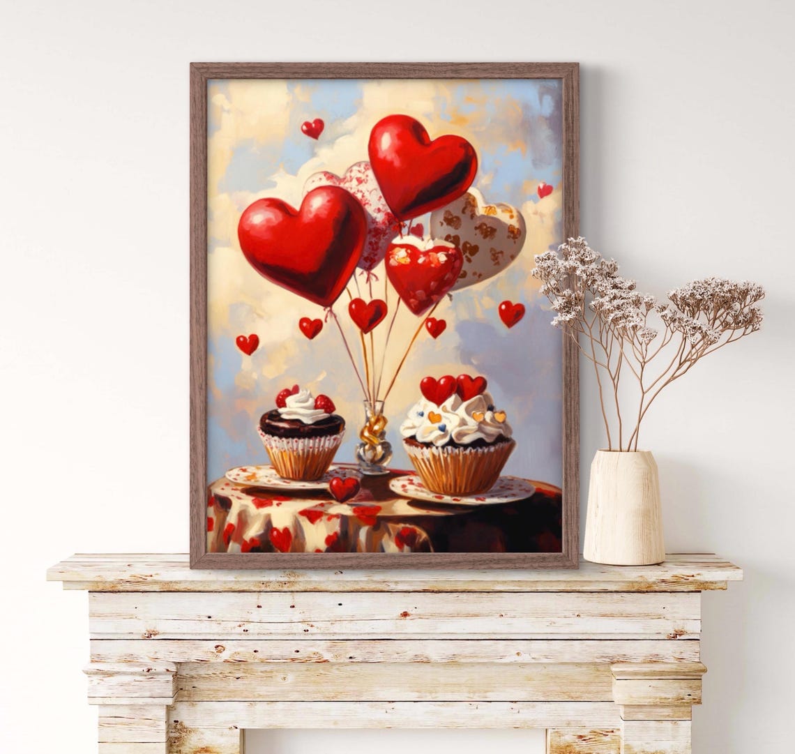Valentines Day Cupcakes Red Heart Balloons Sweet Treats Art Poster - Image 2