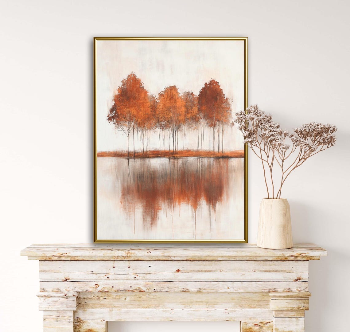 Autumn Tales Orange Tree Grove Calm Water Reflection Art Poster - Image 4