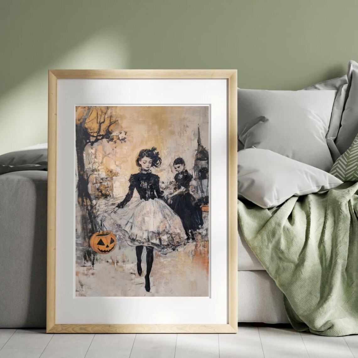 Autumn Tales Gothic Girl Pumpkin Bucket Trick Or Treat Halloween Art Print - Image 4