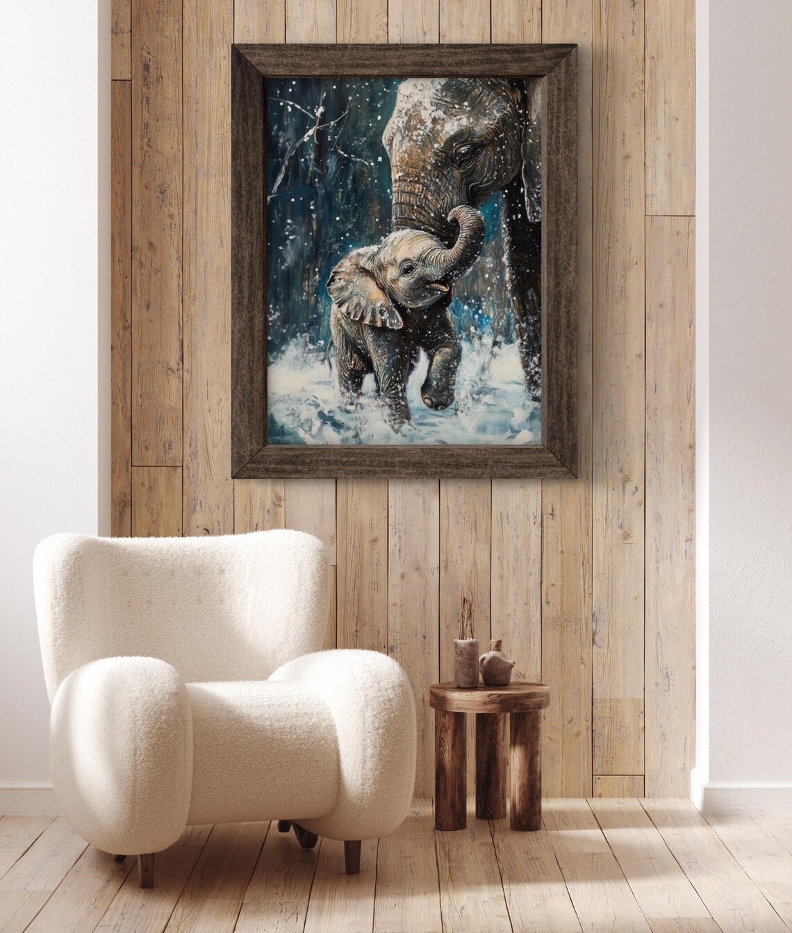 Baby Elephant With Mother In Snowy Forest Playful Wildlife Art Poster - Image 3