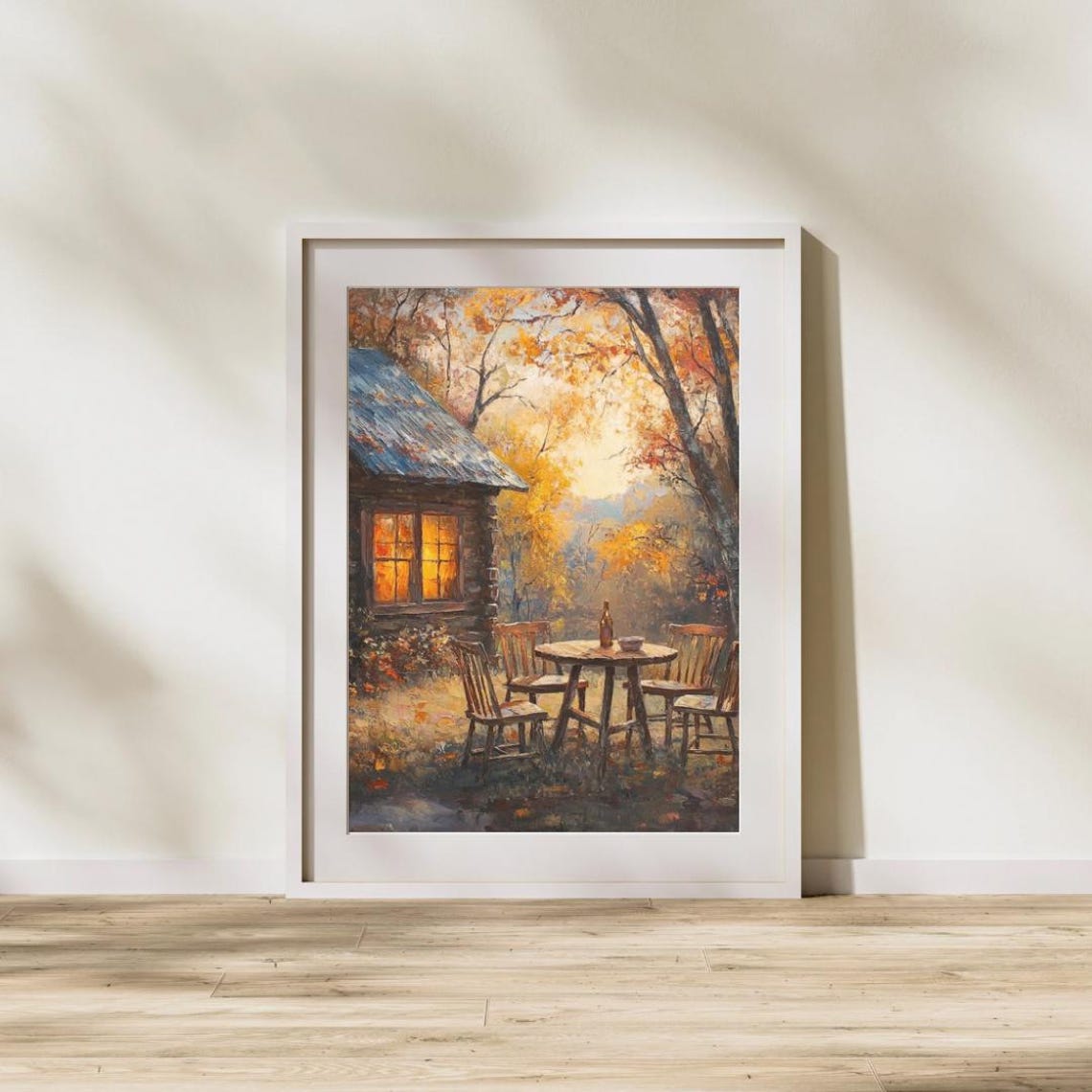 Cozy Log Cabin At Dusk With Glowing Window And Autumn Trees Art Print - Image 4