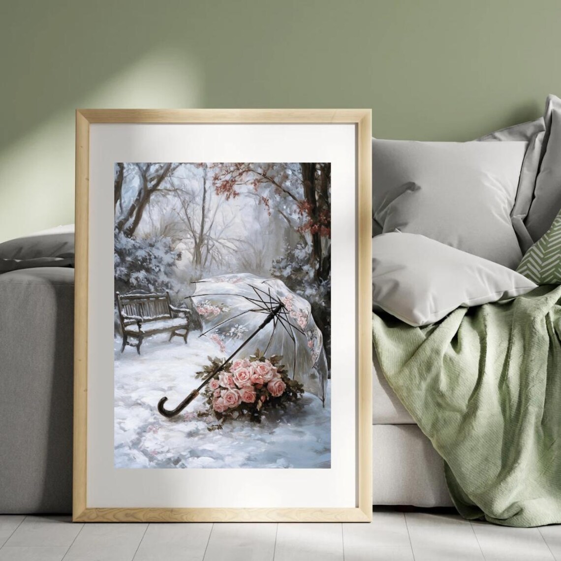 Pink Roses Under Transparent Umbrella in Snowy Garden Romantic Wall Art Poster - Image 3