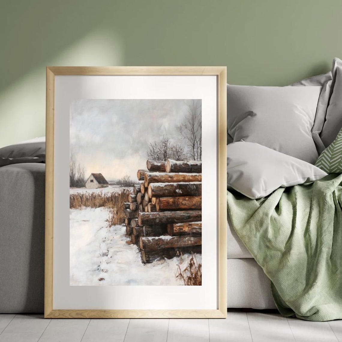 Snowy Winter Farm Stacked Wood Logs Barn Landscape Rustic Poster - Image 2
