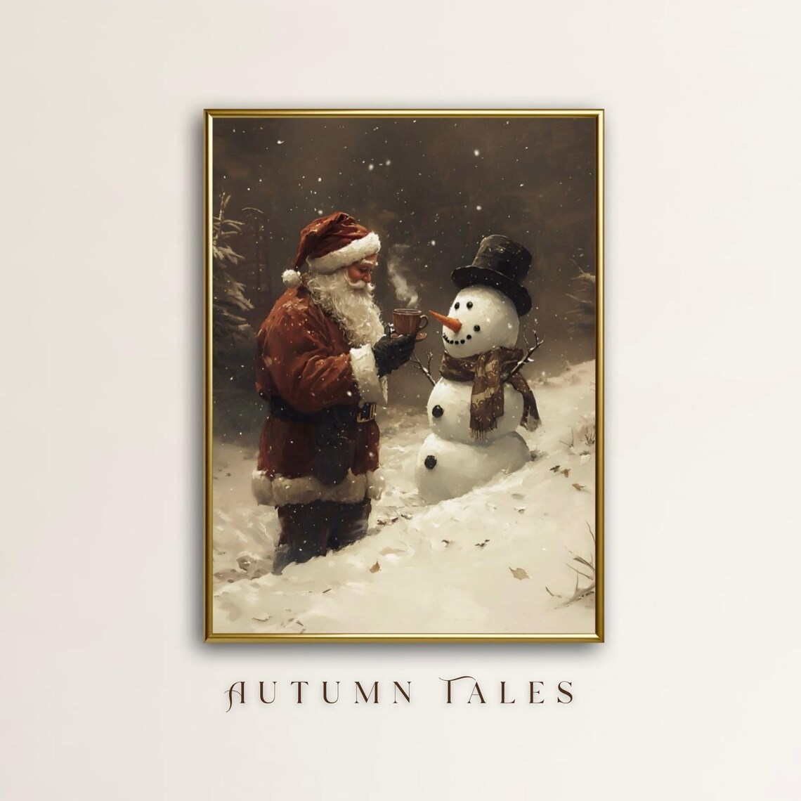 Cozy Christmas Santa and Snowman Vintage Holiday Art Print