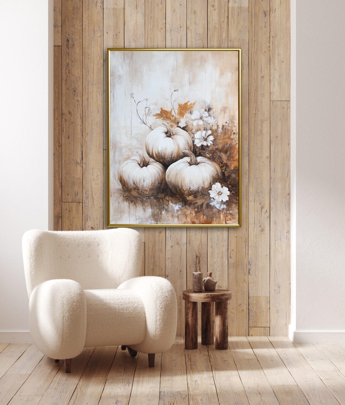 Three White Pumpkins Cosmos Flowers Soft Neutral Autumn Tone Wall Art - Image 2