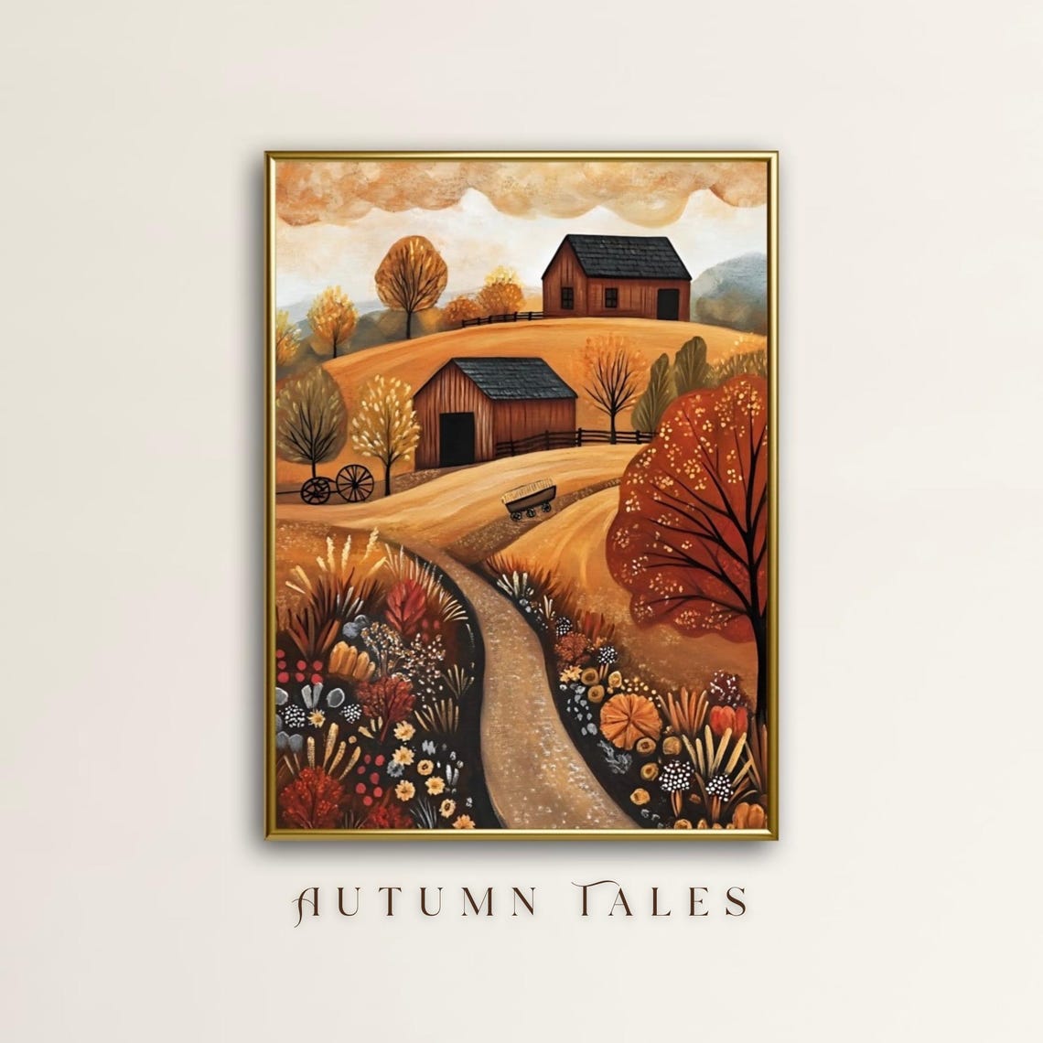Folk Art Hilltop Barns With Meadow Wildflower Path Art Print