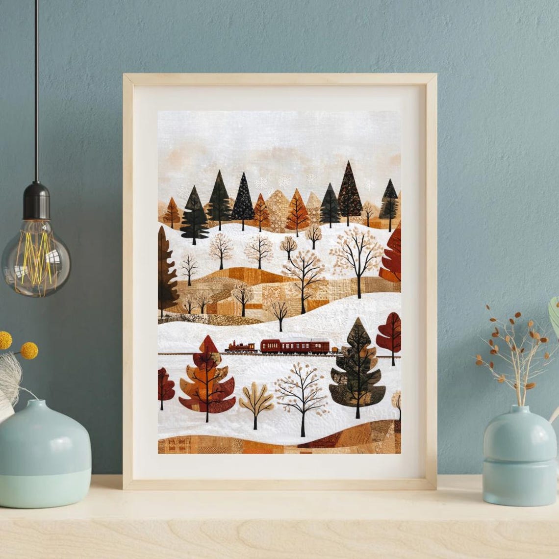 Folk Patchwork Train Snowy Hills Autumn Trees Christmas Poster - Image 5