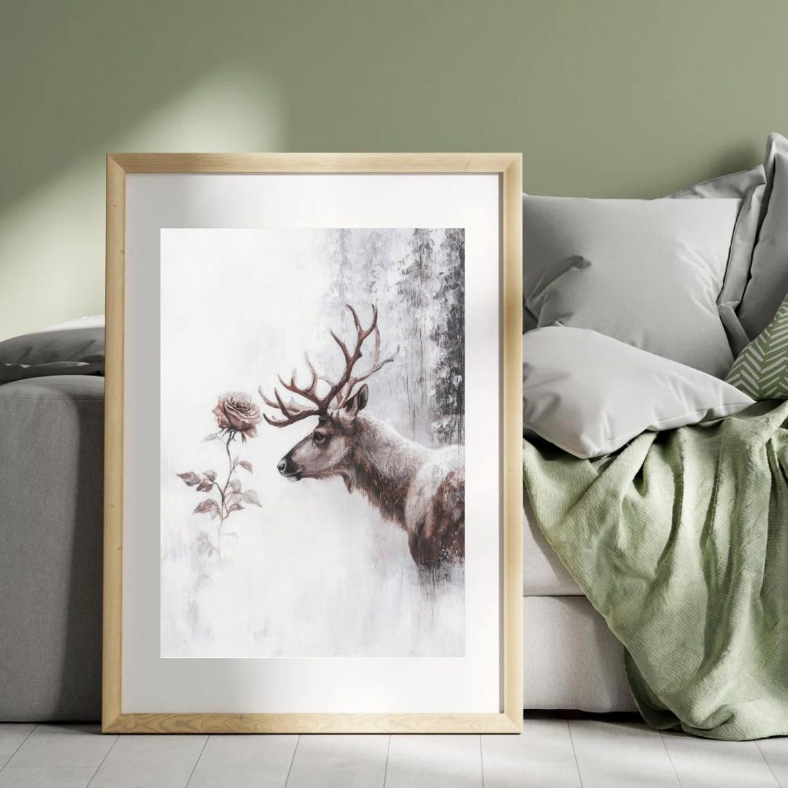 Winter Deer Rose Moody Snow Forest Rustic Christmas Poster Decor - Image 2