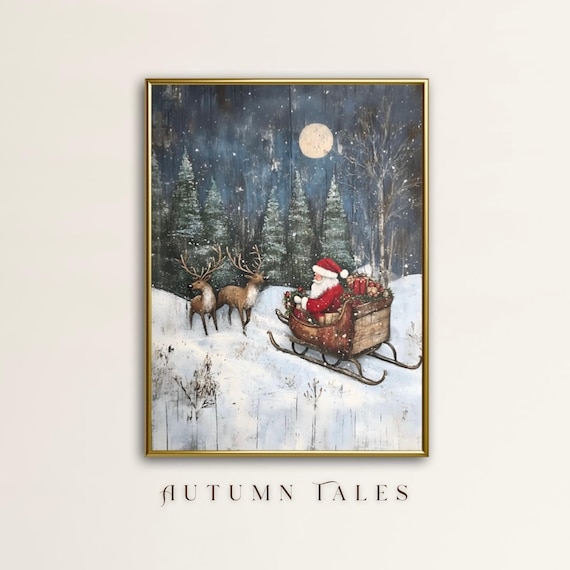 Rustic Vintage Christmas Wall Art Print Santa Clause On Sleigh With Reindeers In Snowy Forest At Night Wooden Texture Moody Cozy Art