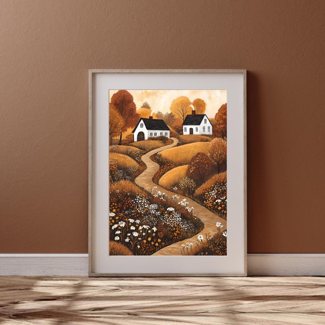Whimsical Folk Art Autumn Cottages With Wildflower Road Art Print - Image 4