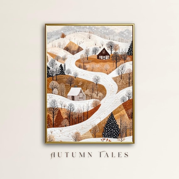 Charming Folk Art Winter Village With Snowy Winding Road Art Print