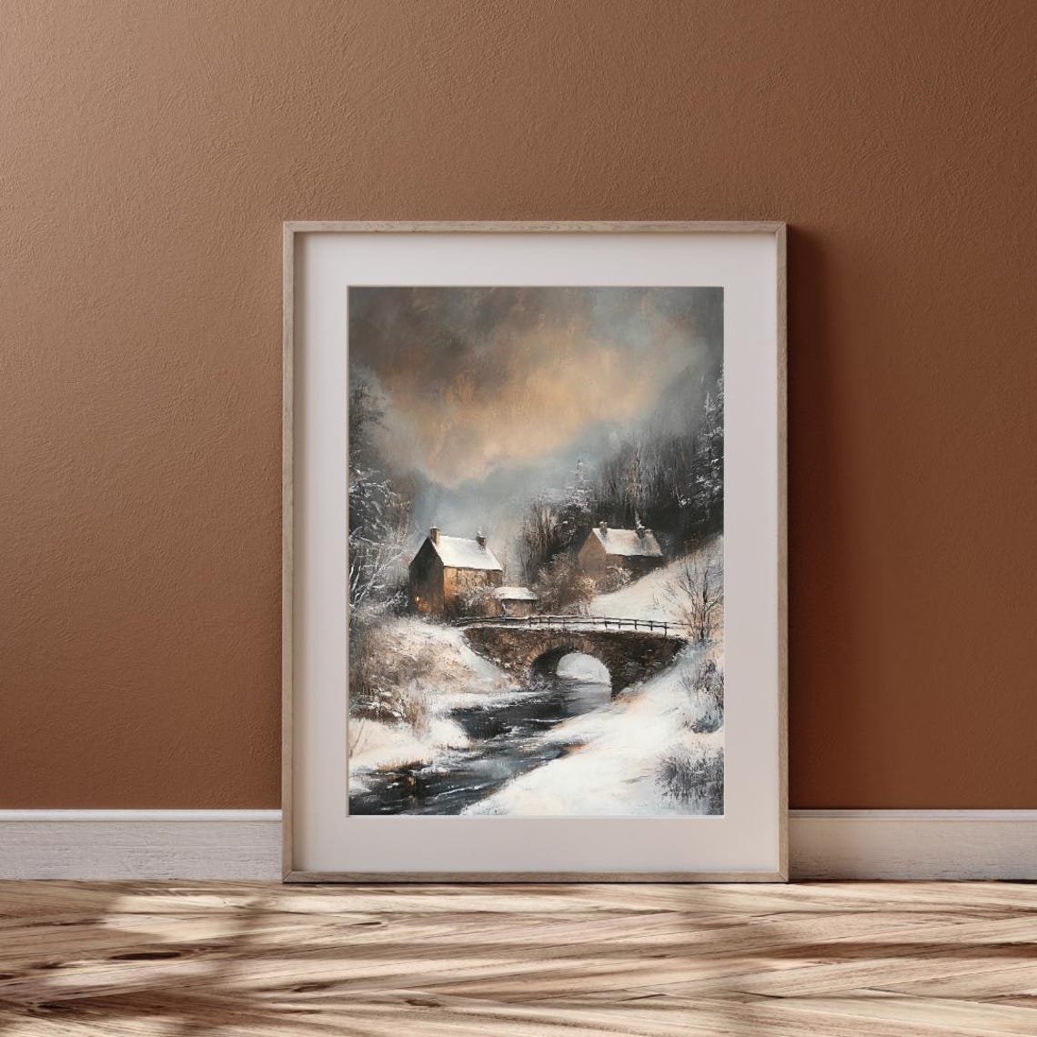Moody Snowy Village Stone Bridge River Sunset Winter Landscape Poster - Image 5