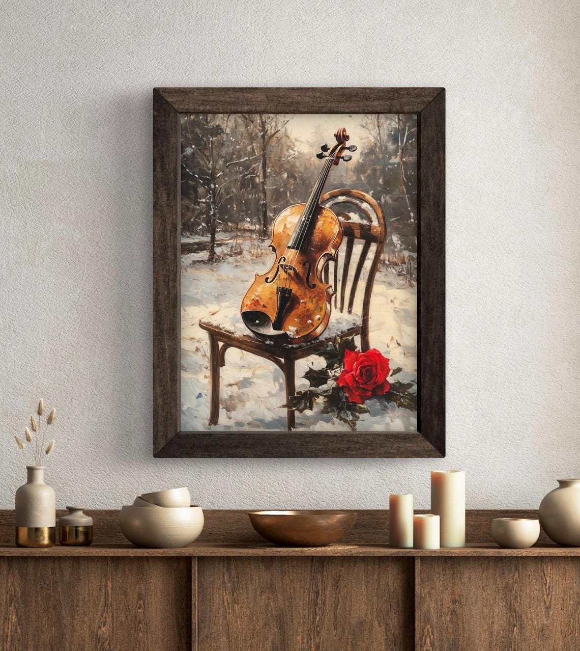 Violin on Snowy Forest Chair Red Rose Winter Music Art Poster - Image 5