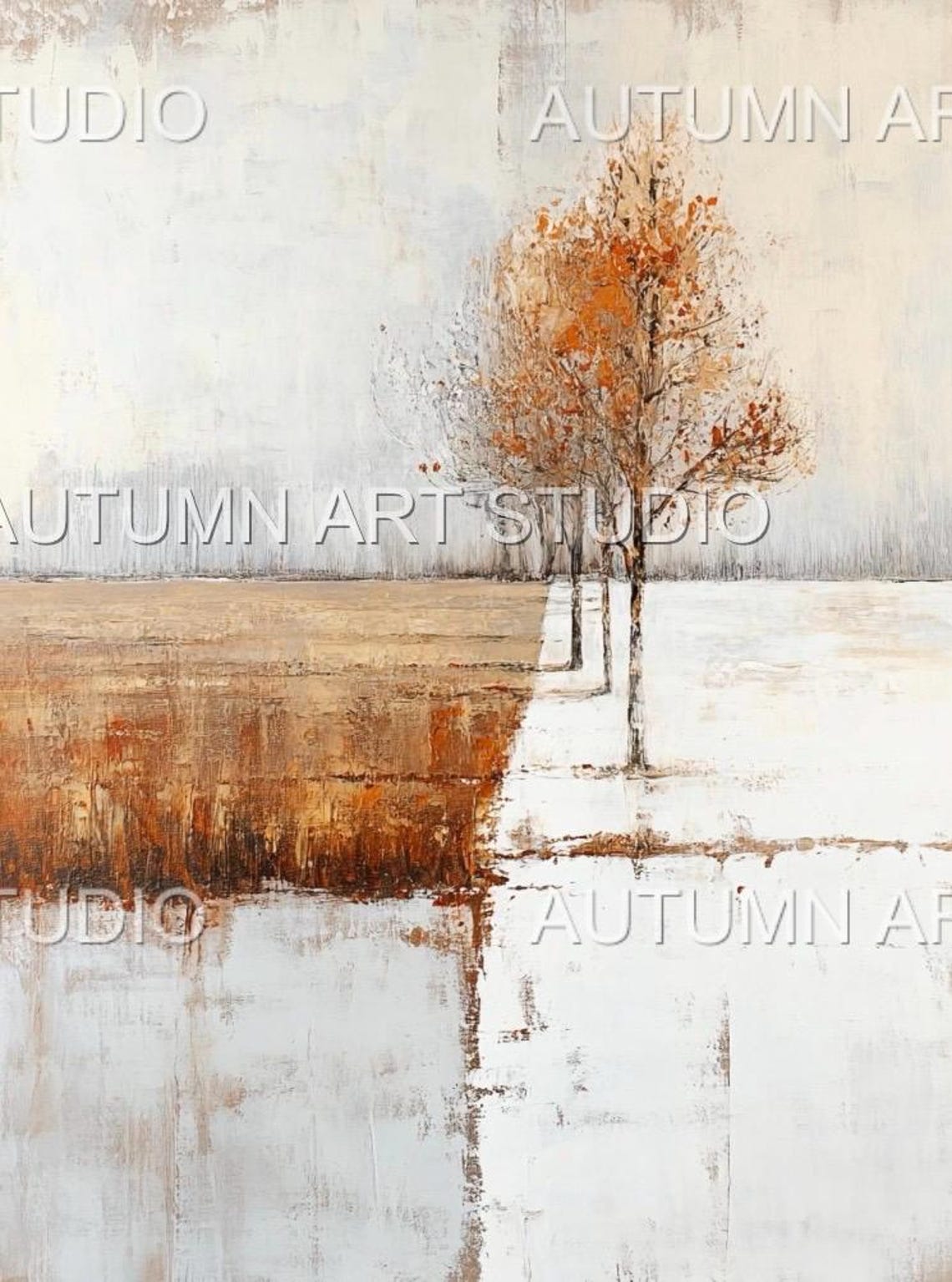 Minimalist Autumn Tree Landscape Abstract White and Rust Tone Wall Art - Image 3
