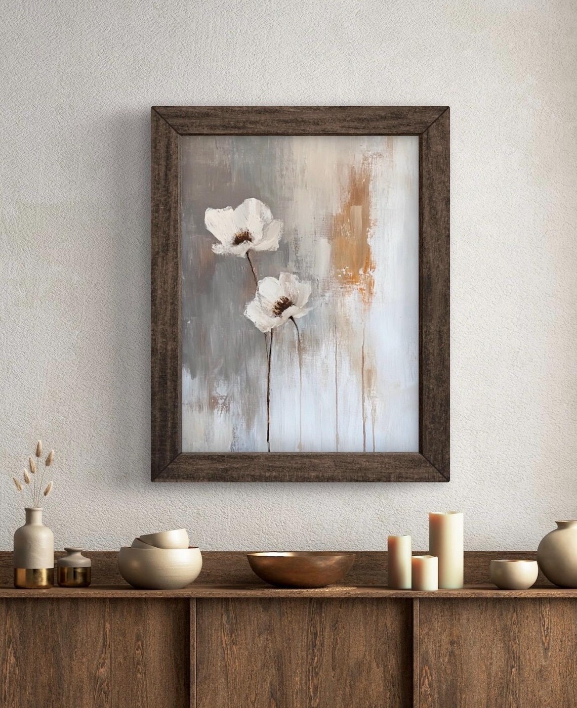 Minimalist White Flowers on Gray Abstract Wabi Sabi Botanical Wall Art Print - Image 5