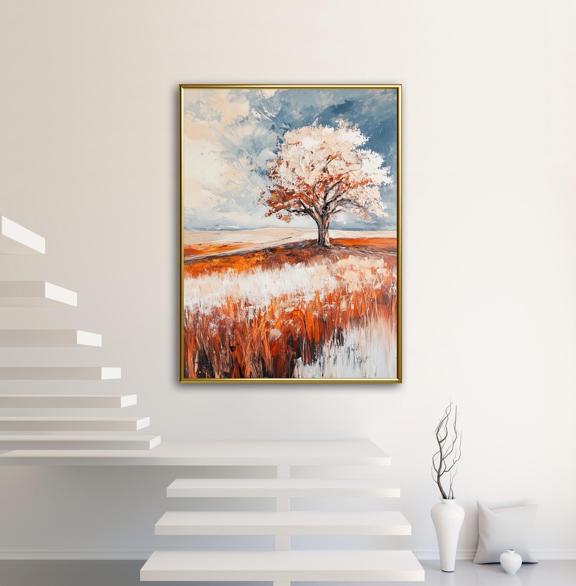Lone Autumn Tree In Snowy Orange Field Abstract Impressionist Wall Art Print - Image 3